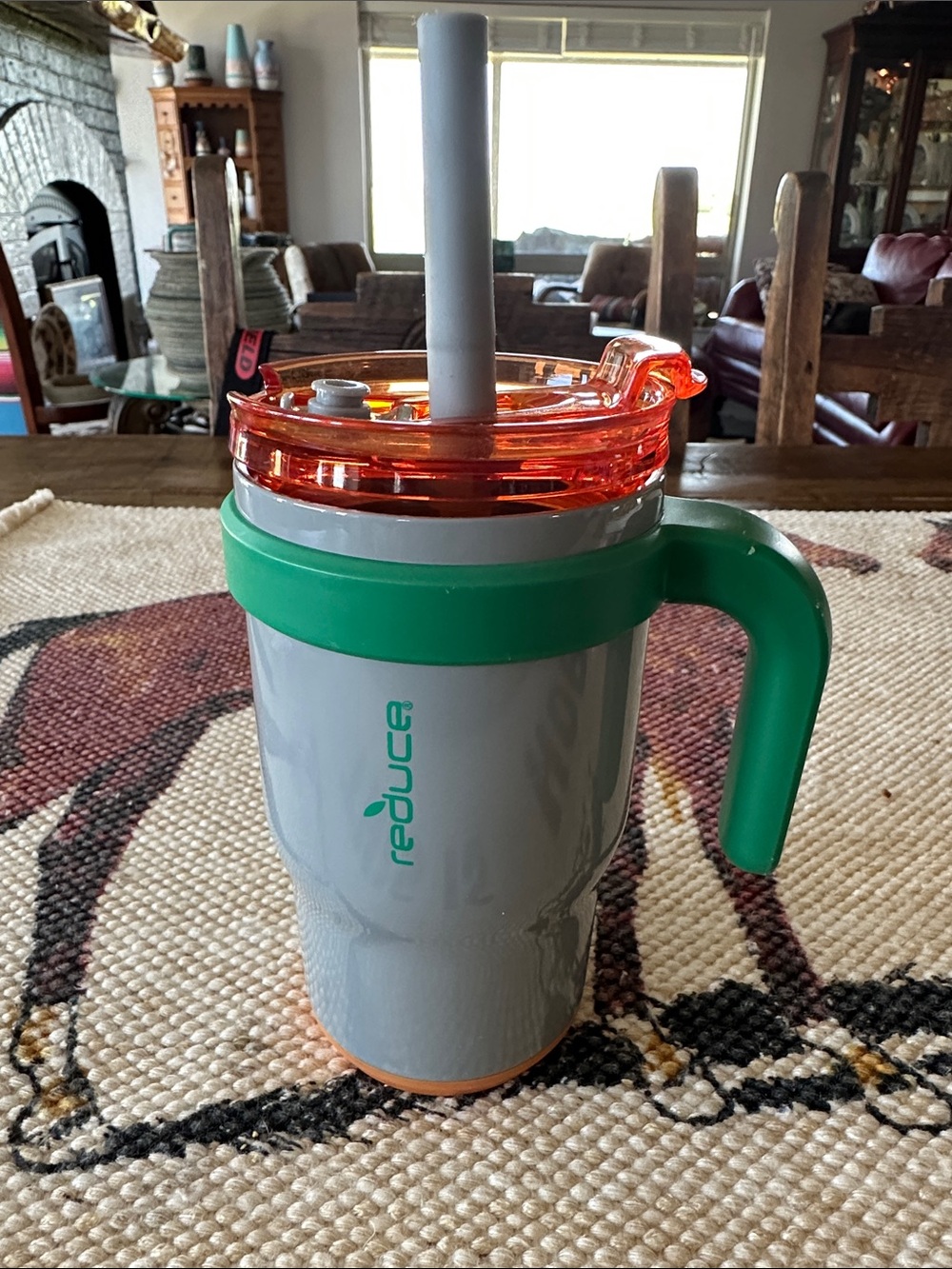 Reduce Insulated Travel Mug with Handle - White, Green & Orange